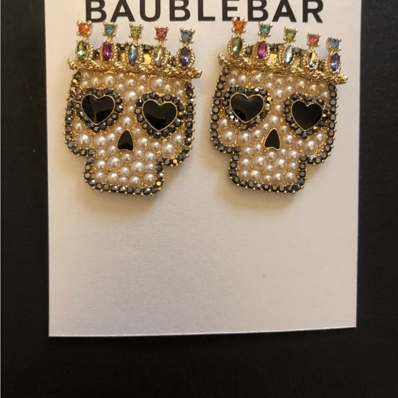 Baublebar Gold Tone Sugar Skull King Stud Drop Earrings Faux Pearl & Crystal NEW - Picture 9 of 11
